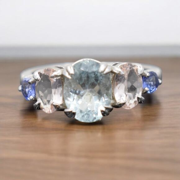 2.25ct Natural Aquamarine Morganite Tanzanite Ring 925 Sterling Silver Size 6 - Picture 4 of 8